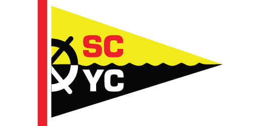 A triangular pennant with a red vertical stripe at the hoist, a yellow top half, black bottom half with a wavy divide, a ship's wheel on the left, and the letters "SC" in red and "YC" in white.