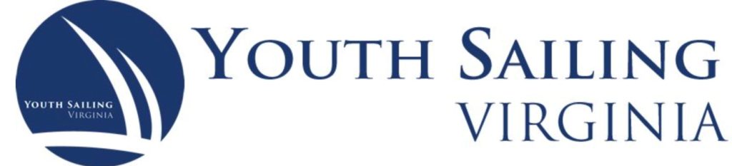 Logo for Youth Sailing Virginia featuring a blue circle with two white sail shapes and the words 'Youth Sailing Virginia' inside. To the right, large blue text reads 'Youth Sailing Virginia.