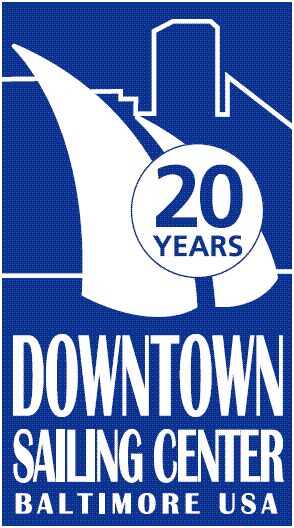 Logo for the Downtown Sailing Center in Baltimore, USA. Features stylized sailboats, a city skyline, and a circle with "20 Years" text, all in white on a blue background.