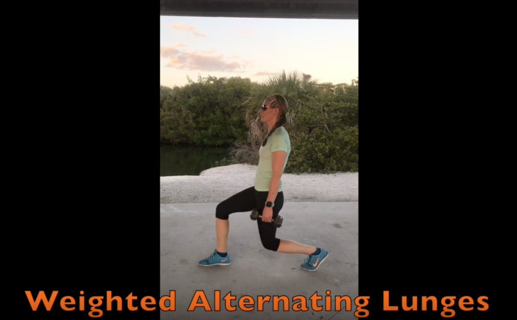 A woman performs a weighted alternating lunge outdoors, holding dumbbells by her sides. She lunges forward with one leg bent, wearing athletic clothes and sunglasses. Text reads 'Weighted Alternating Lunges' in orange at the bottom.