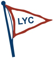 A triangular flag on a blue pole with a red border and the letters "LYC" in blue on a white background.