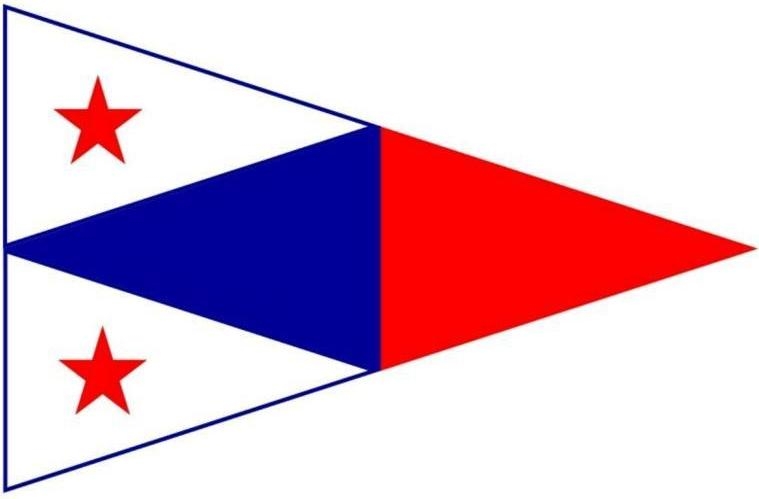 A triangular pennant flag divided vertically; the left half is white with two red stars, one in the top corner and one in the bottom corner, and the right half is solid red with a blue triangle toward the hoist.