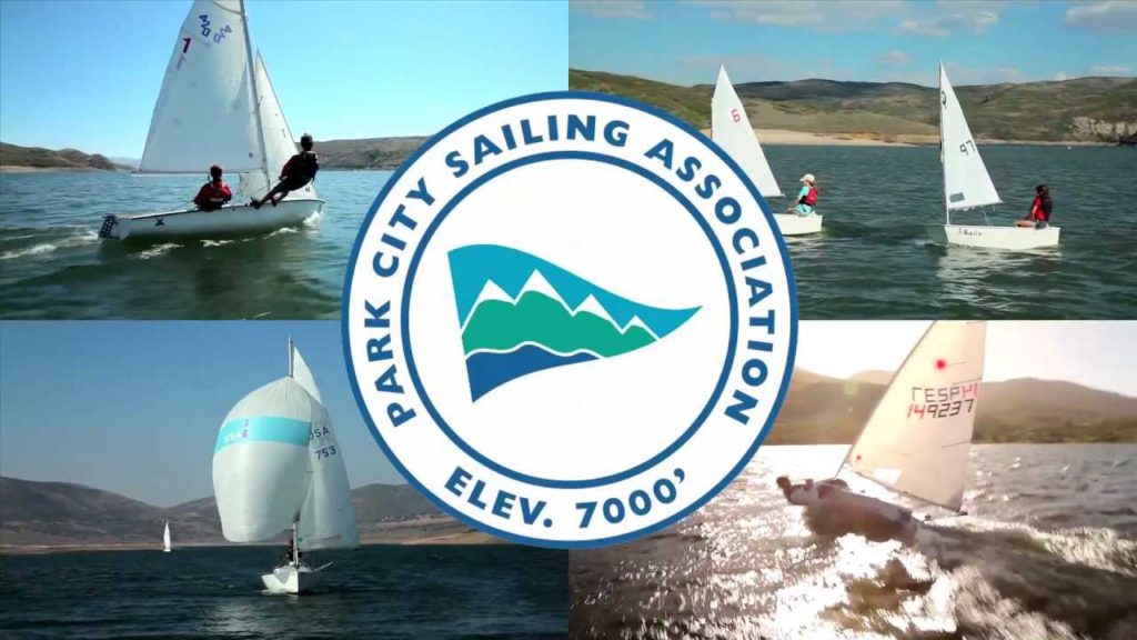 Collage of four images showing people sailing small boats on a lake, with mountains in the background. In the center is the Park City Sailing Association logo and text that reads 'ELEV. 7000'.