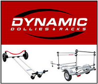 Logo for Dynamic Dollies & Racks. Below the logo are images of two products: a dolly with two wheels and a handle, and a metal boat rack trailer with multiple holding sections.