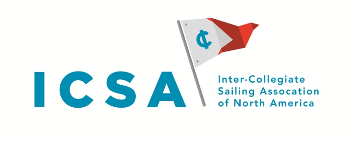 ICSA logo with a blue 'ICSA' next to a triangular nautical flag. Text reads 'Inter-Collegiate Sailing Association of North America.' The flag has a blue 'C' and red triangle on a white background.