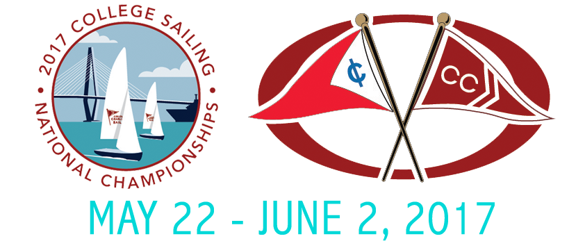 Logo for the 2017 College Sailing National Championships with sailboats and bridge, club burgees, and event dates: May 22 - June 2, 2017.