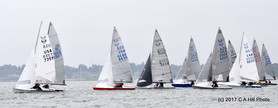 Several small sailboats with race numbers on their sails compete closely on a calm, gray day. The water is smooth, and trees and buildings are visible along the distant shoreline.