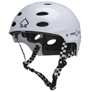 A white Pro-Tec helmet with black ventilation holes and black-and-white checkered straps, designed for skateboarding or biking.