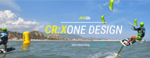 Two people kiteboarding on the ocean, wearing helmets and life vests, with yellow buoys and mountains in the background. Text overlays say “Join Us CR:X ONE DESIGN” and “Membership.”.