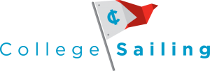 Logo for College Sailing featuring stylized blue text with a flag on a pole replacing the letter "i" in "Sailing"; the flag is white with a blue "C" and a red triangle.