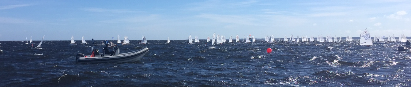A wide view of a choppy sea with many small sailboats in the distance, a red buoy, and a motorboat with people observing in the foreground, under a blue sky with light clouds.