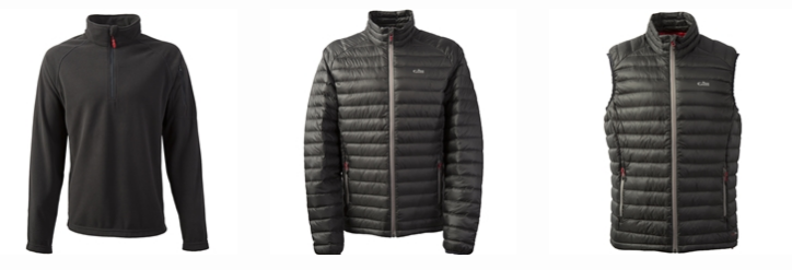 Three black jackets are displayed: a fleece pullover with a quarter zip, a full-zip puffer jacket with long sleeves, and a sleeveless puffer vest. All have simple, sporty designs.
