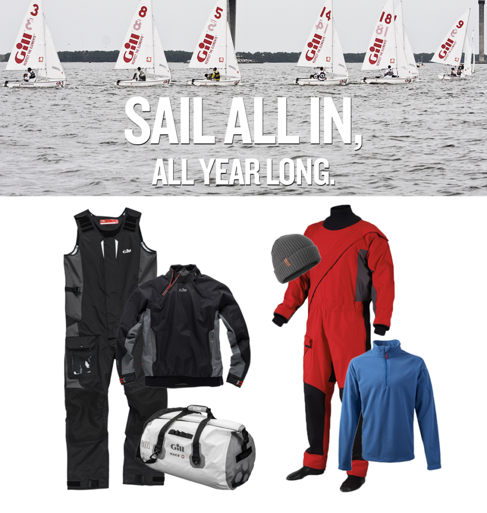 Several sailboats on the water are shown above the text “Sail All In, All Year Long.” Below are various sailing gear items, including a drysuit, jacket, overalls, duffel bag, beanie, and blue pullover.