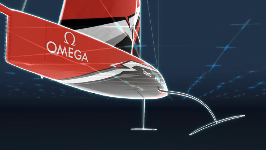 A digital rendering of a sleek, red racing sailboat with 'Omega' branding, shown from the side, highlighting its hydrofoil and modern hull design against a dark, gradient background.
