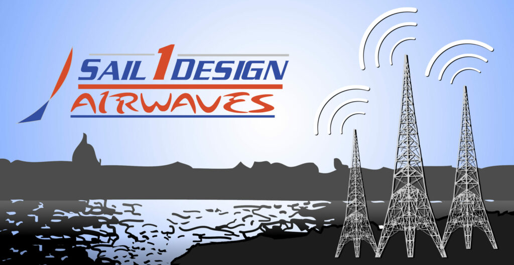 Logo reading 'Sail1Design Airwaves' with stylized sail and text. Three radio towers emit signal waves over a waterside cityscape with buildings and reflections. Blue gradient sky background.