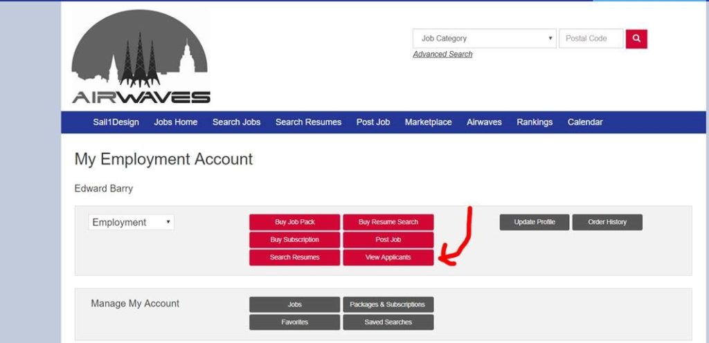 Screenshot of a job search website dashboard with navigation tabs at the top. A red arrow points to a button labeled 'View Applicants' under the 'My Employment Account' section.