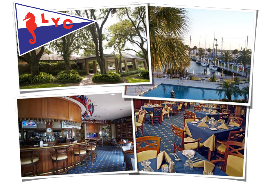 Collage of a yacht club with a logo, clubhouse exterior with trees, a marina with boats by palm trees, a wooden bar with stools, and a formal dining room with set tables and blue carpet.