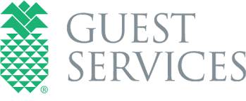Logo featuring a green geometric pinecone icon to the left of the words 'Guest Services' in large, light gray capital letters on a white background.