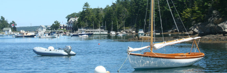 A small sailboat and an inflatable dinghy float on calm water near a wooded shoreline, with several other boats and buildings visible in the background.