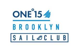 Logo for ONE°15 Brooklyn Sail Club with stylized blue text, a small sailboat icon, and the words 'Brooklyn' and 'Sail Club' separated by blue lines and borders.