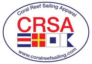 Oval logo for Coral Reef Sailing Apparel featuring 'CRSA' in red, four maritime signal flags, and the website 'www.coralreefsailing.com' on the bottom.