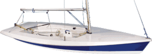 A small, sleek sailboat with a blue hull and white deck, shown without sails and with rigging and a mast. The boat is photographed from the side against a white background.