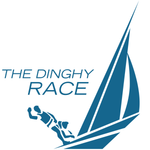 Logo for "The Dinghy Race" showing two stylized figures falling off a sailboat with large sails, depicted in blue on a white background.