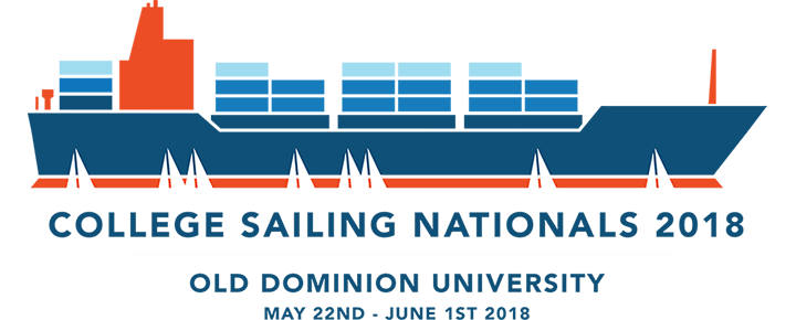 A graphic of a cargo ship above the text 'College Sailing Nationals 2018, Old Dominion University, May 22nd - June 1st 2018,' with stylized sailboats beneath the ship.