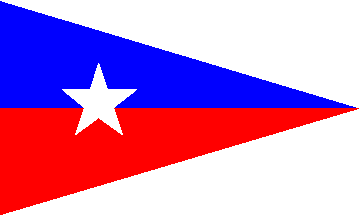 A triangular pennant flag split horizontally; the top half is blue, the bottom half is red, and a white five-pointed star is centered on the blue section near the hoist. The background is gray.