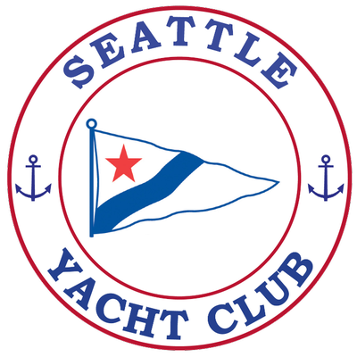Circular logo of Seattle Yacht Club with a blue and white nautical flag featuring a red star, surrounded by the club name and two blue anchor icons on each side.
