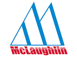 The image shows the McLaughlin logo with three blue geometric sail shapes above the red text "McLaughlin" in bold, italicized font.