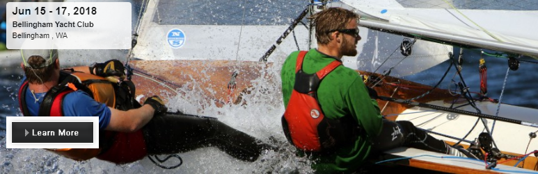 Two sailors in gear race a small sailboat through splashing water at high speed. Overlay text reads: 'Jun 15 - 17, 2018, Bellingham Yacht Club, Bellingham, WA' with a 'Learn More' button.