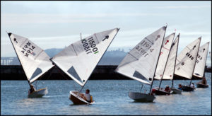 Six small sailboats with white sails are racing on a sunny day, leaning into the wind on blue water. A few people are in each boat, and a hazy shoreline with hills is visible in the background.