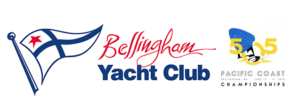 A stylized yacht club burgee, the text "Bellingham Yacht Club," and the "Pacific Coast Championships" logo with a sailboat and the numbers 5 0 5, featuring event dates and location.