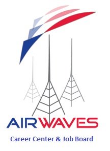 Logo with three radio towers in gray, red, and blue swooshes above them, and the text "AIR WAVES Career Center & Job Board" below in blue and red letters.