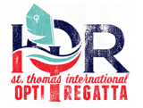 Logo for the St. Thomas International Opti Regatta featuring stylized blue and red letters "IOR," a sailboat graphic, and waves, with the event name written below in red script and bold text.