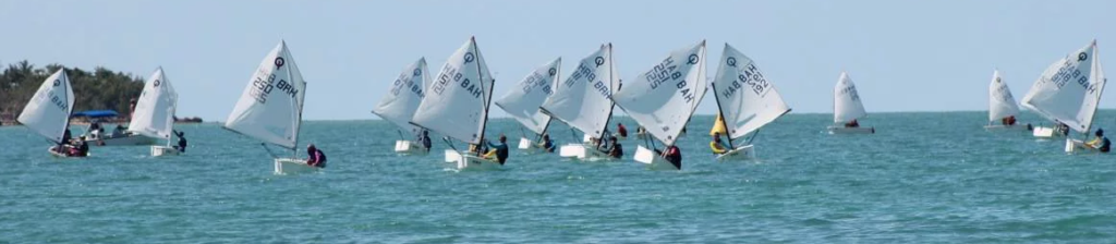 A group of small sailboats with white sails are spread out on a calm blue sea, with several people in each boat. There is a distant shoreline with trees visible on the left side of the image.