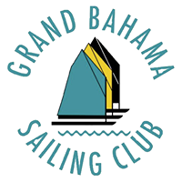Logo for the Grand Bahama Sailing Club, featuring three stylized sailboats in teal, yellow, and black above blue wave lines, with the club name curved around the image.