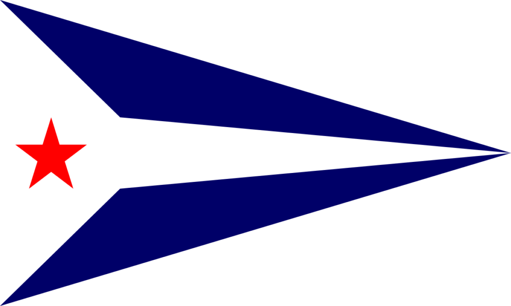 A triangular pennant flag with a blue border, a white center, and a red five-pointed star near the left edge. The design forms an arrow-like shape pointing to the right.