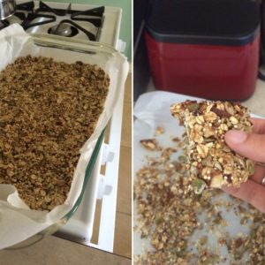 A glass dish of granola bars on a stove (left) and a hand holding a piece of the granola bar over a tray lined with parchment paper and granola pieces (right).