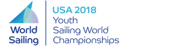 Logo for World Sailing and text reading "USA 2018 Youth Sailing World Championships" on a light background. The World Sailing logo features a stylized sail in shades of blue and purple.