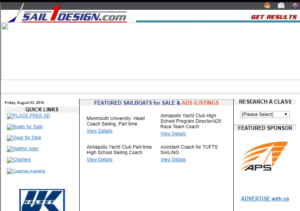 Screenshot of the Sail1Design website homepage, showing job listings for sailing coaches, navigation links on the left, a featured sponsor section on the right, and a red and blue website logo at the top.