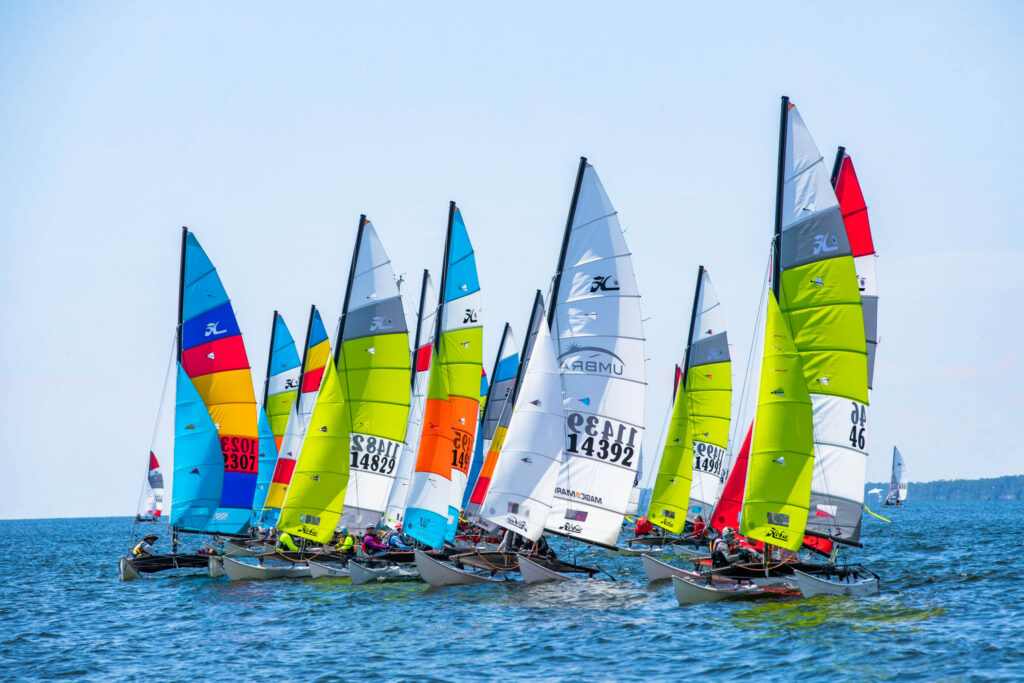 A group of colorful sailboats with crews race close together on the water under a clear blue sky, with the horizon and more boats visible in the background.