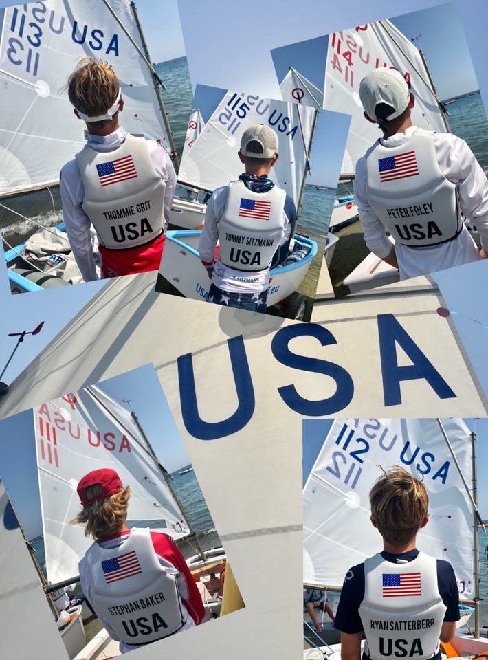 A collage of five young sailors wearing white vests labeled "USA" and their names, standing by small sailboats. The center image shows "USA" in large blue letters on a boat's deck.
