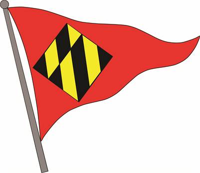 A red flag on a pole with a diamond-shaped emblem in the center, featuring alternating black and yellow diagonal stripes.