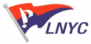 A red and blue pennant flag with a white sailboat symbol on a flagpole, next to the bold letters "LNYC.
