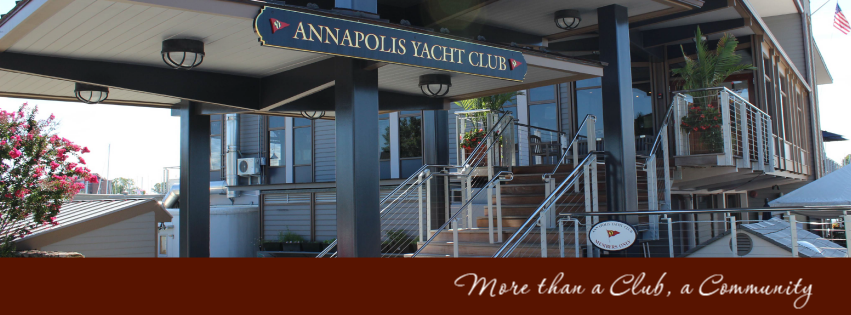 The entrance of the Annapolis Yacht Club, featuring a large sign, modern architecture, outdoor stairs, and flowering plants. Text below reads, 'More than a Club, a Community.