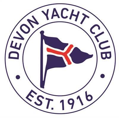 Circular logo for Devon Yacht Club, featuring a navy triangular flag with a red and white cross, surrounded by the text 'DEVON YACHT CLUB EST. 1916' in bold letters.