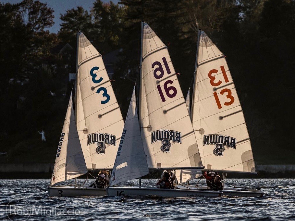 Three small sailboats with sails marked 3, 16, and 13 race side by side on the water at sunset, with trees and houses in the background. The sailboats have 'Brown' written on their sails.