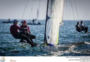 Two sailors wearing red shirts balance on the edge of a small racing sailboat on the ocean, leaning out over the water during a regatta on a sunny day. Other sailboats and calm waves are visible in the background.